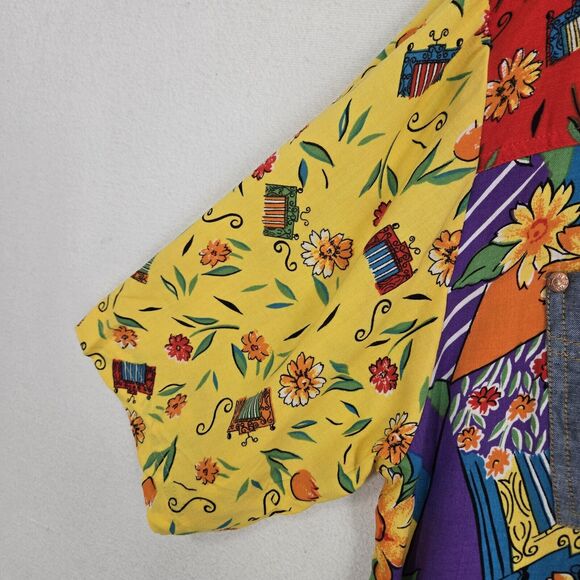 Vtg SK Wear Top Sz L Multi Mixed Print Mod Daisy Floral Denim Pockets Retro - Picture 6 of 13